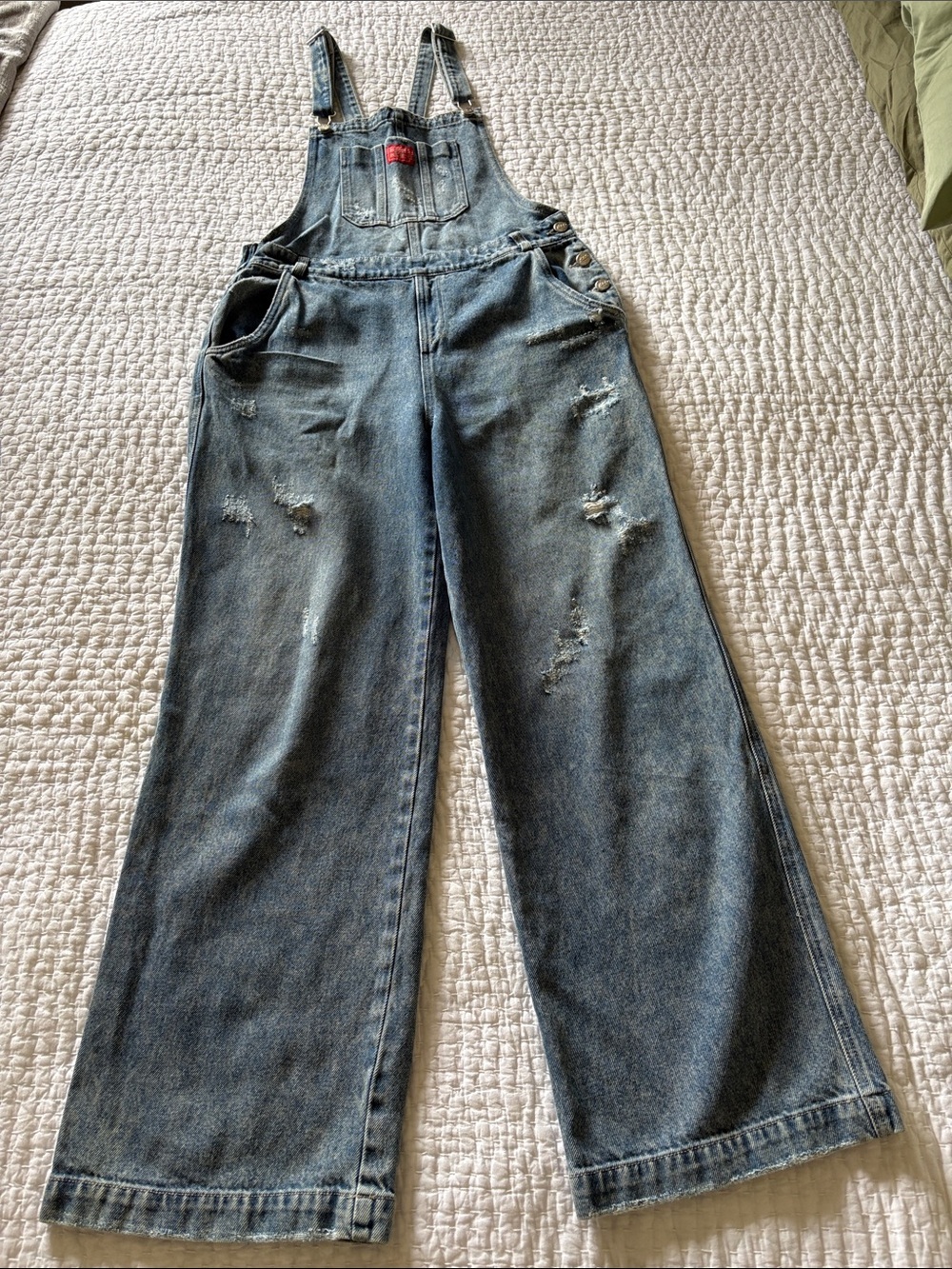 STOP Jeans Vintage-Style Women’s Distressed Wide Leg Overalls - Blue EUC 12